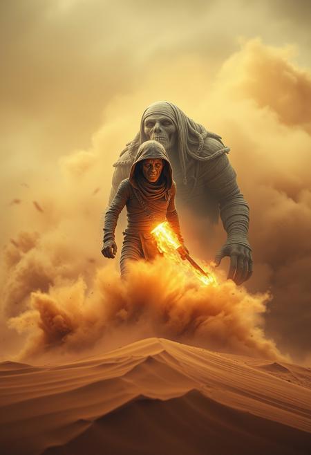 very dark focused flash photo, amazing quality, masterpiece, best quality, hyper detailed, ultra detailed, UHD, perfect anatomy, portrait, dof, hyper-realism, majestic, awesome, inspiring,Capture the thrilling showdown between the ancient mummy and the colossal sand boss in an epic battle amidst swirling dust and desert sands. Embrace the action and chaos as these formidable forces clash in the heart of the dunes. cinematic composition, soft shadows, national geographic styl very detailed, Shot in UHD
