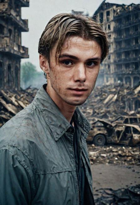 Photo of a man who is standing looking at how his city has been destroyed by a nuclear bomb. He has just arrived at the disaster and observes the horror of the destruction, ruined buildings full of smoke and flames, ground full of rubble with skeletons lying around In the dawn light floods the scene, the man is completely dressed in normal clothes and wet, he is dirty, everything is a disaster, the sky is cloudy and it is raining, , Fujifilm XT3,film still,film grain,cinematic,soldier accessories,war style, professional photo,best quality and best aesthetic,Award-winning artistic photos,Outdoors,public places,( detailed in background:1.6)Perfil,18-20