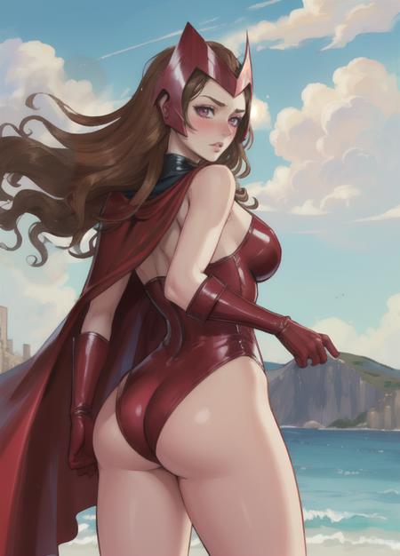 beautiful, (masterpiece:1.2), (best quality:1.2),pov, from behind, 1girl, Maximoff, embarrassed, shy, flushed, blush, leotard, helmet, gloves, ass, billowing cape, windy, walking, exposed shoulders, <lora:scarlet-10:0.8>, foreshortening, depth,