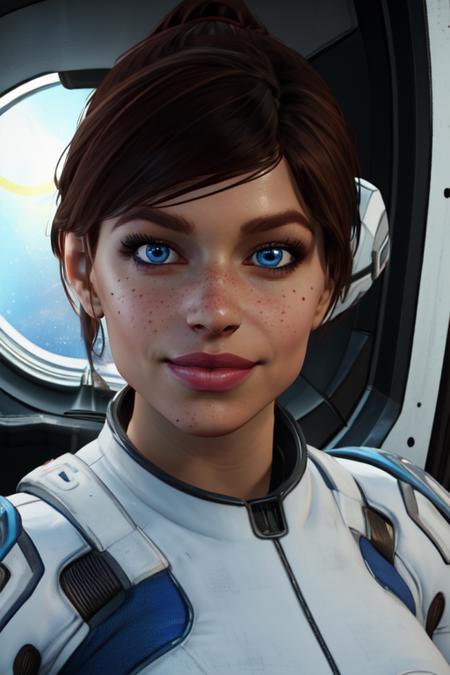 Sara,solo,brown hair,blue eyes,lips,freckles,short hair,ponytail, face focus, upper body, awkward smile,  
Ryder, white and blue spacesuit 
space pod, neon lights, (insanely detailed, beautiful detailed face, masterpiece, best quality) <lora:SaraRyder:0.8>