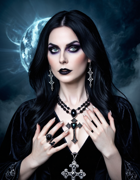 Dreamscape (amazing transcendental's dream:3.5) The photo depicts a powerful gothic sorceress,her face partially hidden by her elegantly adorned hand. She has pale,slender fingers,on which several silver magical rings,set with dark gemstones like onyx and amethyst,glimmer. Her hand is decorated with mysterious tattoos that seem to pulse with a dark energy.She wears a gothic ensemble,a black velvet dress richly embroidered with occult patterns. Her long black hair frames her pale face,and her eyes,accentuated with dark makeup,shine with an intense light. Large silver necklaces,with pendants shaped like crosses and ancient symbols,rest on her chest. The background is misty,with shadows dancing around her,enhancing the mystical and sinister atmosphere of the scene,(maximum ultra high definition image quality and rendering:3),maximum image detail,maximum realistic render,(((ultra realist style))),realist side lighting,8K high definition,realist soft lighting,(amazing special effect:3.5), . Surreal, ethereal, dreamy, mysterious, fantasy, highly detailed