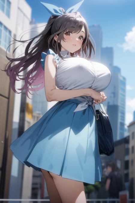 (awesome detailed:1.5),BREAK
(city,building:1.6),BREAK
(blue sky:1.6),(cloud:1.6),BREAK
(upper body:1.0),
(from above:1.2),
(large breasts:1.5), (voluptuous,thicc,curvy:1.2),BREAK
(standing:1.3),(leaning_forward:1.0),
(tsukioka_kogane:1.5),(brown hair:1.5), (brown eyes:1.5),
<lyco:tsukioka_kogane_rev3:0.85:0.85:lbw=1,0,1,1,0,0,0,0,0,0,0,0,0,1,0.6,0,0,1,1,1,1,0,0,0,0,0>,
(hyper realistic:1.0),BREAK
(embarrassed,blush:1.0),
(perfect lighting:1.5),(comic:1.05),(3D:1.2),
BREAK
(long hair:1.8),BREAK
(high ponytail:1.4), BREAK
(hair ribbon,light blue ribbon:1.3),BREAK
(large breasts:1.0),BREAK
(white collared shirt,tied shirt,sleeveless:1.5),BREAK 
(light blue skirt:1.5),(miniskirt:1.2), BREA
(anime style shading:-1.5),BREAK
(blurry background:1.5),BREAK
(looking at viewer:1.8),(gradient skirt:1.7),