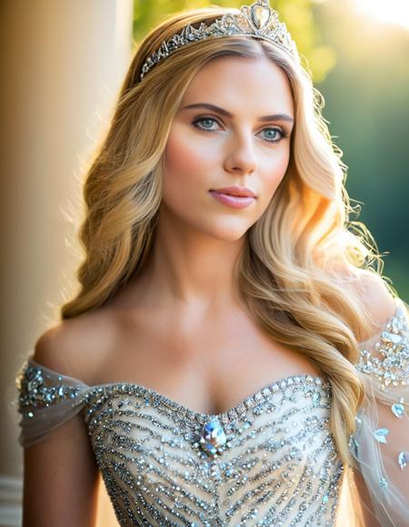 <lora:sc4rj0_SDXL_SGX:1.1>,(medium close-up) photograph of (beautiful 24 year old) (sc4rj0:1.2) woman with blond hair,as a Disney princess,dressed in a breathtaking princess gown, standing on the ornate balcony of a majestic, fairytale-inspired castle. wearing a soft shimmering ball gown with intricate flowing layers that catch the gentle breeze. A delicate bejeweled tiara rests upon her forehead, adding to her regal ethereal aura. a serene facial expression, the balcony's intricately carved stone railing should be adorned with lush, vibrant greenery, with tendrils of ivy and flowers spilling over the edges. Beyond the railing, a stunning, sun-dappled forest should stretch out as far as the eye can see, with towering trees, sparkling waterfalls, and rolling hills that fade into a soft, misty horizon. The lighting should be soft, warm, and golden, with the late afternoon sun casting a flattering, gentle glow on her skin,face focus,sharp focus,depth of field,facing viewer,rich details,clear shadows and highlights,realistic,highly detailed,