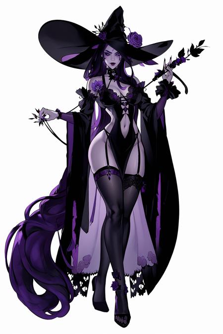 Gothic style, dark series, character standing painting, 1girl, solo, breasts, long hair, absurdly long hair, very long hair, hat, thighhighs, dress, white background, navel, purple hair, simple background, large breasts, full body, flower, black dress, navel cutout, long dress, black thighhighs, clothing cutout, black headwear, purple flower, rose, black footwear, standing, hat flower, black lips, see-through, black nails, cleavage, fingernails, garter straps, witch hat, raiden shogun<lora:GETE:0.8>,