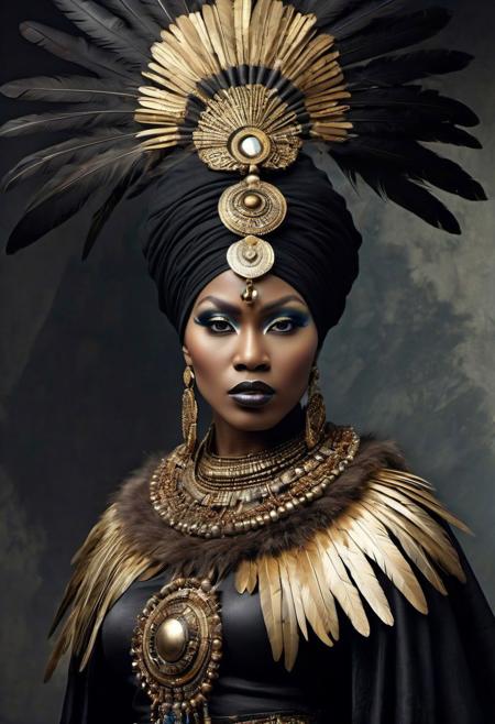 full shot of an african queen, standing pose, long cape, black and gold clothes, fur collar, tribal necklaces, awesome feathers headpiece, turban, beautiful face, digital painting style, dynamic shadow, dramatic lights, grotesque, macabre, extremely beautiful tribal, neutral grey background, by Joel Peter Witkin