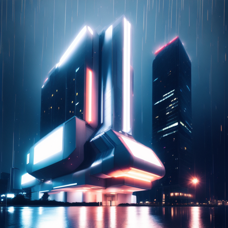 photo, a futuristic building lit up at night in the rain (ModernFutures style:1) <lora:djzModernFuturesV21:1>