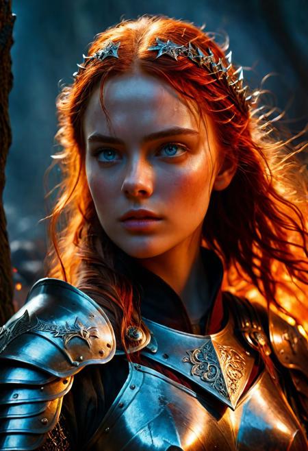 Ultra detailed digital art masterpiece Warrior girl dressed in a iron Armor and winter coat, standing in a bloody battle, looking thoughtfully into the distance, dark fantasy medieval dirty Town, perfect lighting, beautiful Sadie Sink as Warrior girl, attractive woman, elegant, attractive figure, sinewy athletic body, unreal engine 5 nanite quality, mixed with dark elements, dark environment, very cold winter night, clean dark velour witch clothing, LOTR style, dark washed out eyeliner, no make up, natural pale bloody face, realistic blue eyes, ultra detailed atmospheric details, beautiful glowing effects, sparkle effects, realistic body proportions, beautiful face proportions, complex masterpiece, wavy red hair, creative glowing detailed tattoos, complex physics, enhanced colors, complimentary colors, ultra detailed raytracing reflections, Ultra detailed complex background, environment feels alive, direct eye contact, dramatic lighting, wet and sweaty skin, beautiful firm Breasts, Concept art portrait by Greg Rutkowski