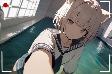 liminal space, 1girl, cat ears, short hair, cowboy shot, serafuku, skirt, expressionless, looking at viewer, selfie,  reaching towards viewer, viewfinder, dutch angle, pool, indoors, tiles, water, window, tile floor, large indoor swimming pool, best quality,