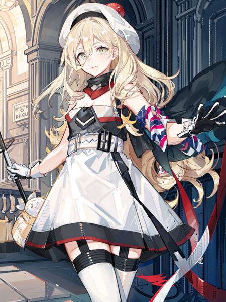 richelieu \(kancolle\), 1girl, solo, hat, thighhighs, mole, beret, strapless dress, dress, mole under eye, gloves, strapless, mole under mouth, garter straps, smile, multicolored clothes, pom pom \(clothes\), armband, belt, multicolored gloves, scarf, looking at viewer, original, intricate detail, illustration, masterpiece, extremely detailed CG unity 8k wallpaper, highlight, sharpening, dynamic, <lora:Richelieu:1>