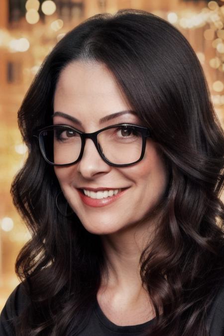 Portrait photo of an4pp4dr40 woman, (light bokeh)++, (black tshirt)+, detailed face, in a bedroom, glasses, makeup, smile