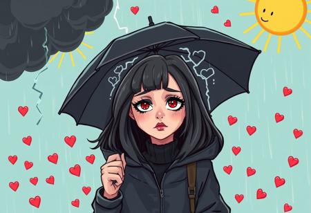 cartoon style, a 18 years old woman goth makeup sad with a raincoat and a black umbrella a black storm with thunder insisde the umbrella a sunny day with a sun with a smile and many small red hearth shaped candies falling from sky