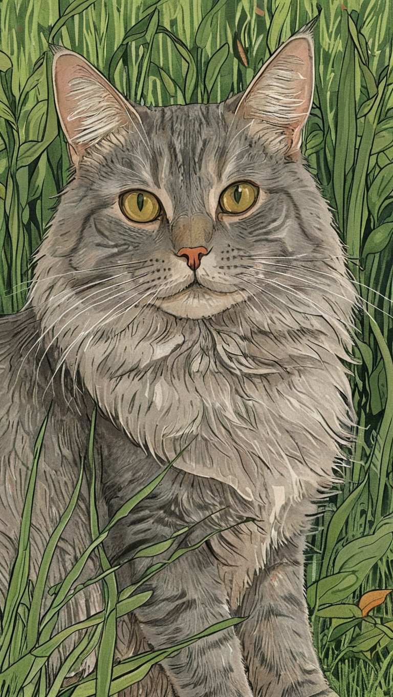 (illustration:1.3), portrait of grey cat, long fur, sitting in large grass, <lora:Exquisite_illustration:1>