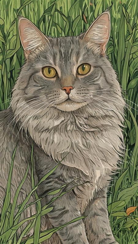 (illustration:1.3), portrait of grey cat, long fur, sitting in large grass, <lora:Exquisite_illustration:1>