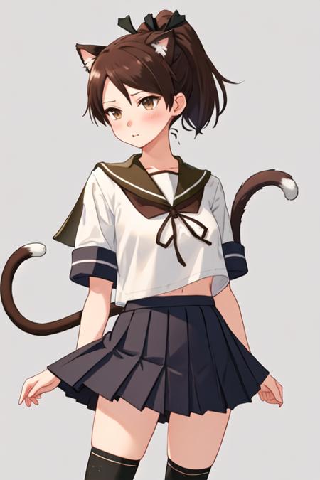 best quality, masterpiece, highres, solo, {shikinami_kantaicollection:1.15}, brown_hair, ponytail, brown_eyes, short_hair, hair_ribbon, ribbon, serafuku, blush, 1girl, animal_ears, cat_ears, cat_tail, sailor_collar, school_uniform, skirt, tail, short_sleeves, brown_skirt, pleated_skirt, simple_background, socks, black_socks, brown_sailor_collar, white_background