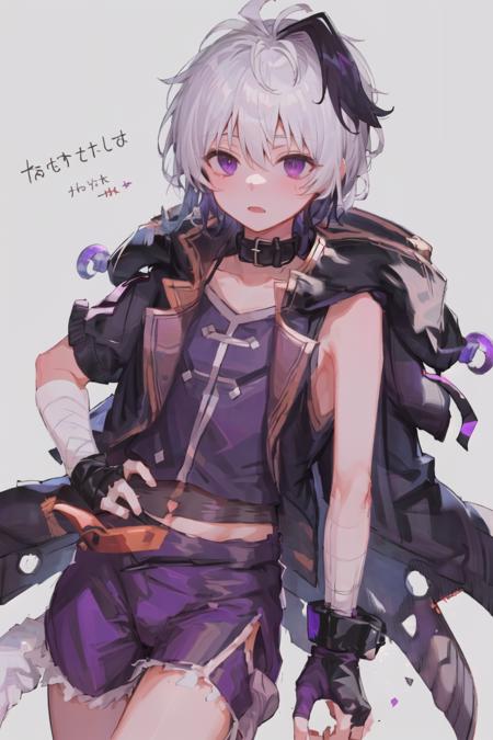 masterpiece, best quality, 1boy, solo, 4k, 8k, vflower, <lora:vflower:1>,streaked hair, purple eyes, white hair, short hair, expressionless, looking at viewer, collar, purple hair, belt collar, jacket, purple jacket,