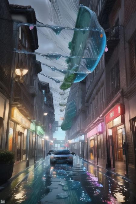 sl1m3d, made of slime, rain, slime umbrella, bright lights, ultra realistic