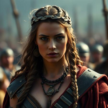 breathtaking, Masterwork Hd cinematic photo, sleek beautiful woman, Queen Boudicca, celtic torcs, post battle, battleweary, iron age setting