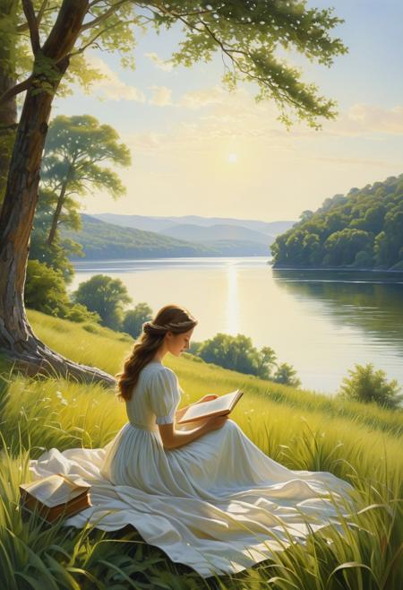 A figure lies reading in the grass near a lake, half in shadow, half in sun — the surrounding landscape glows with painterly stillness, while her dress and hair ripple with precise, lifelike detail., hyperrealistic watercolor figures, luminous Hudson River School landscape, contemplative solitude, emotional realism, serene natural light, peaceful coastal settings, detailed fabric and skin tones, poetic atmosphere, intimate feminine portraits, light-filled vistas, classical American landscape painting, soft realism, meditative composition, balance of human and nature, radiant tranquility, reflective emotional tone