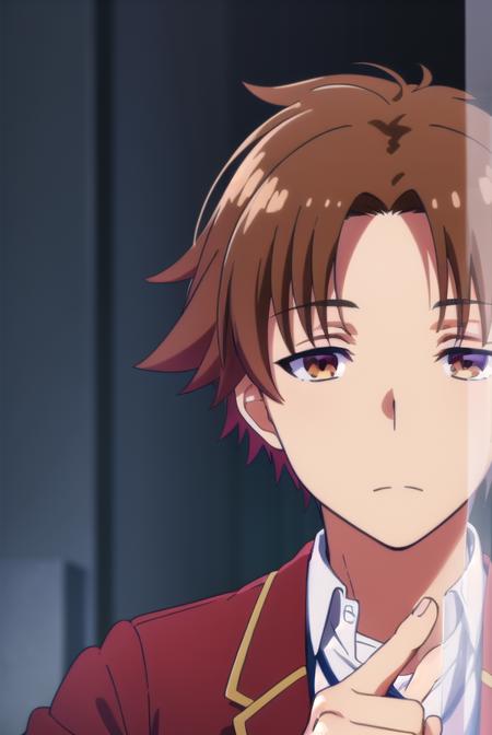 kiyotakaayanokouji, <lora:kiyotaka ayanokouji s2-lora-nochekaiser:1>,
kiyotaka ayanokouji, brown hair, (brown eyes:1.5), male focus, (parted bangs:1.5), short hair,
BREAK school uniform, jacket, necktie, blazer, blue necktie, shirt, white shirt, collared shirt, (red blazer:1.5),
BREAK indoors, classroom,
BREAK looking at viewer, (cowboy shot:1.5),
BREAK <lyco:GoodHands-beta2:1>, (masterpiece:1.2), best quality, high resolution, unity 8k wallpaper, (illustration:0.8), (beautiful detailed eyes:1.6), extremely detailed face, perfect lighting, extremely detailed CG, (perfect hands, perfect anatomy),