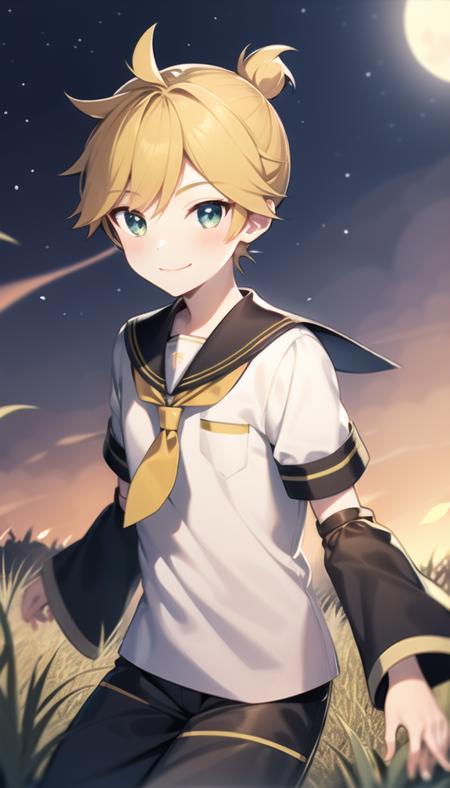 masterpiece, best quality, <lora:KagamineLenV1:0.7>, 1boy, sailor_collar, Kagamine_Len, yellow hair, (8k:0.7), (detailed Background of a meadow:0.7), (dusk:0.6), moon, smile, short pants and sleeve, white shirt