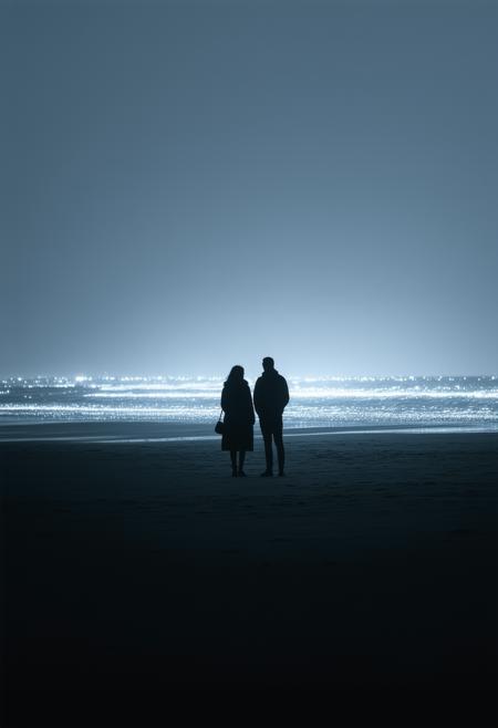A solitary man and woman, silhouetted against a vast, midnight black beach, rendered in a minimalist, impressionistic style. Gentle curves of their forms contrast with the stark linearity of the horizon. Shimmering white light, diffused and ethereal, subtly illuminates their outlines, creating an almost spectral presence. The composition emphasizes balance and reduction; no detail beyond the essential shape. The background is a flat, absolute darkness, punctuated only by the faint, ethereal glow. Linear shapes define the composition, evoking a sense of serene isolation and timelessness. Inspired by Monet's light and Rothko's minimalism. 16k, photorealistic, octane render, dramatic lighting, cinematic.