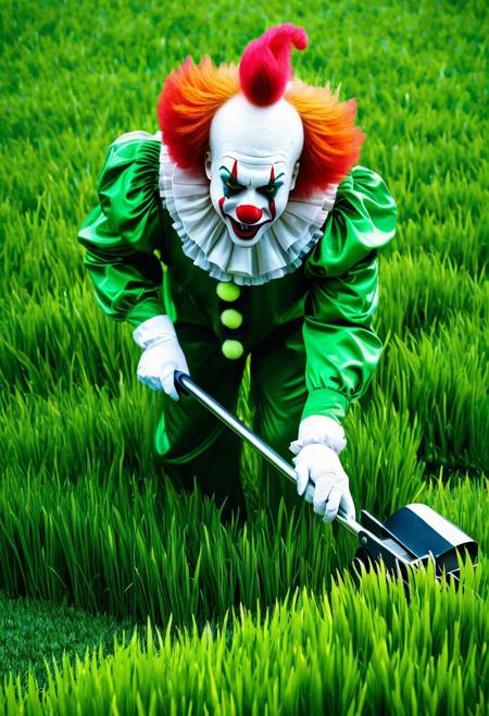 Concept photo, Incredibly Detailed Accurate Picture Of a green clown mowing grass
