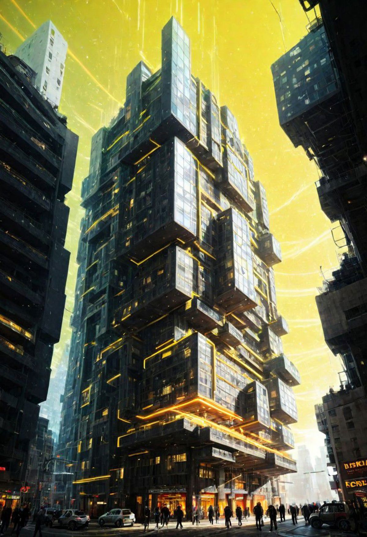 A tall, illuminated, glass-paneled building with a yellow tint on the bottom floors.