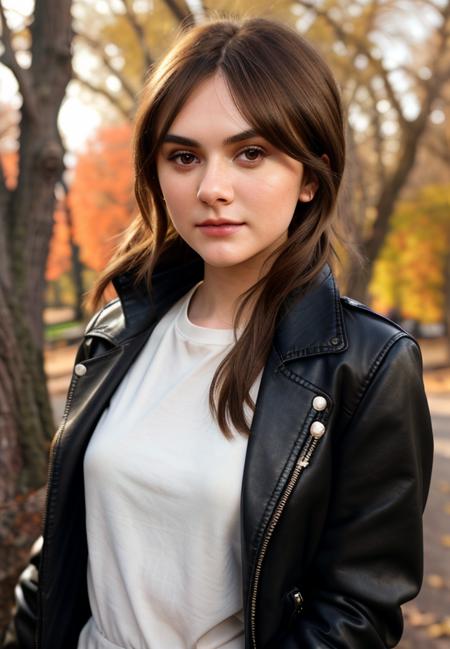 emila_jones, tall, beautiful woman, outside, park, trees, fall, winters. leather jacket, jeans, hi detail, sharp focus, perfect lighting, awesome, dslr, 4k high quality. extra detail, extra sharp, magical, perfect moment, natural skin, pores