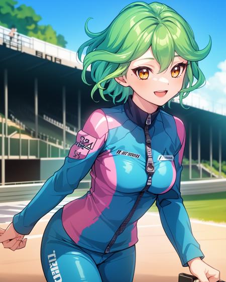 1girl, rin, green hair, short hair, yellow eyes, blue racing costume, zipper, 
outdoors, race track, :D

<lora:Rin v2 e6:0.7>