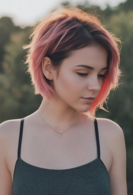 instagram photo, photo of a 24 y.o woman, short coloured hair, fair skin, wearing top with low neckline, outdoor