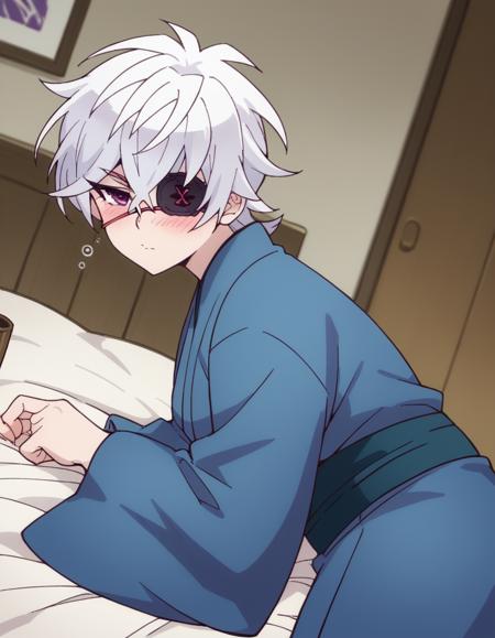 <lora:oboro-shintou-s1-ponyxl-lora-nochekaiser:1>, oboro shintou, purple eyes, white hair, eyepatch, japanese clothes, kimono, blue kimono, haori,