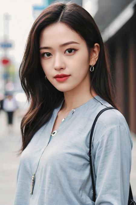 a woman, (realistic), (hyperrealism), (photorealistic), depth of field, eye makeup:0.5, (upper body:1.2), (narrow waist:0.7), looking at the viewer, casual outfit, at the city streets, <lora:httpyujin:0.45>