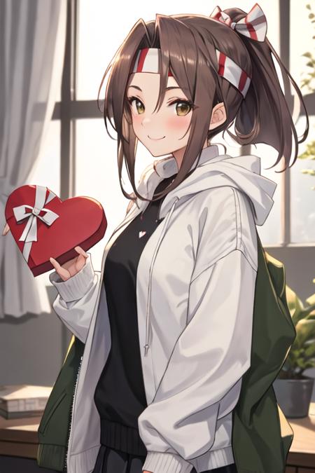 best quality, masterpiece, highres, solo, {zuihou_kantaicollection:1.15}, long_hair, brown_eyes, ponytail, brown_hair, headband, hachimaki, high_ponytail, smile, blush, 1girl, alternate_costume, looking_at_viewer, sweater, hood, hooded_sweater, hoodie, box, gift, green_jacket, jacket, official_alternate_costume, white_sweater, upper_body, heart-shaped_box