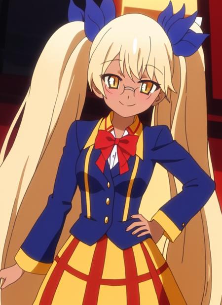 (masterpiece:1.3), (best quality:1.2),1girl,solo,yellow eyes,dark skin,blonde hair,long hair,glasses,twintails,hair ribbon,very long hair,smile,looking at viewer,