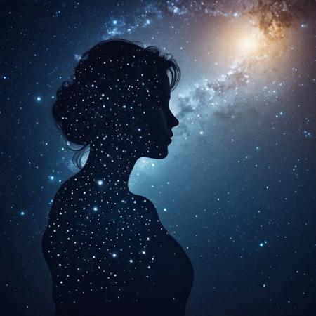 The human profile in the form of a constellation is filled with a night sky full of stars.double exposure