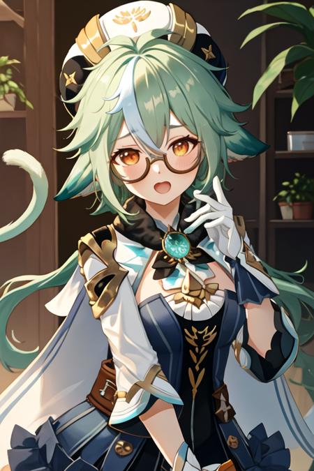 best quality, masterpiece, highres, solo, {sucrose_genshin:1.15}, green_hair, animal_ears, glasses, semi-rimless_eyewear, hat, bangs, vision_\(genshin_impact\), blush, multicolored_hair, long_hair, hair_between_eyes, cat_ears, orange_eyes, breasts, yellow_eyes, 1girl, looking_at_viewer, gloves, white_gloves, open_mouth