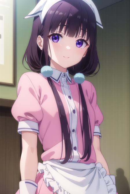 maikasakuranomiya, <lora:maika sakuranomiya s1-lora-nochekaiser:1>,
maika sakuranomiya, long hair, black hair, hair ornament, twintails, (purple eyes:1.1), low twintails, smile,
BREAK skirt, shirt, thighhighs, gloves, short sleeves, pleated skirt, frills, shoes, puffy sleeves, white gloves, black footwear, uniform, apron, white thighhighs, puffy short sleeves, zettai ryouiki, waist apron, white apron, pink skirt, pink shirt, frilled apron, waitress, head scarf,
BREAK indoors, restaurant,
BREAK looking at viewer, (cowboy shot:1.5),
BREAK <lyco:GoodHands-beta2:1>, (masterpiece:1.2), best quality, high resolution, unity 8k wallpaper, (illustration:0.8), (beautiful detailed eyes:1.6), extremely detailed face, perfect lighting, extremely detailed CG, (perfect hands, perfect anatomy),