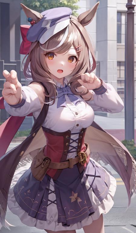 masterpiece,best quality,solo,1girl,matikane tannhauser \(umamusume\),thsrsclos,cabbie hat,white shirt,blue skirt,red ribbon,belt,red hairbow,open mouth,punch,street