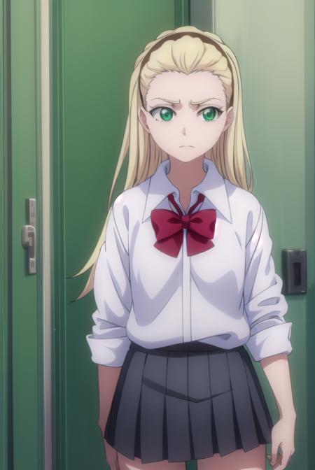 rurichiyokasumioji, <lora:rurichiyokasumioji-lora-nochekaiser:1>, 
rurichiyo kasumioji, long hair, blonde hair, (green eyes:1.5), hairband, hair pulled back, forehead,
BREAK skirt, shirt, bow, school uniform, white shirt, pleated skirt, socks, miniskirt, bowtie, red bow, kneehighs, brown footwear, black socks, loafers, red bowtie, grey skirt, sleeves rolled up,
BREAK indoors, classroom,
BREAK looking at viewer, (cowboy shot:1.5),
BREAK <lyco:GoodHands-beta2:1>, (masterpiece:1.2), best quality, high resolution, unity 8k wallpaper, (illustration:0.8), (beautiful detailed eyes:1.6), extremely detailed face, perfect lighting, extremely detailed CG, (perfect hands, perfect anatomy),