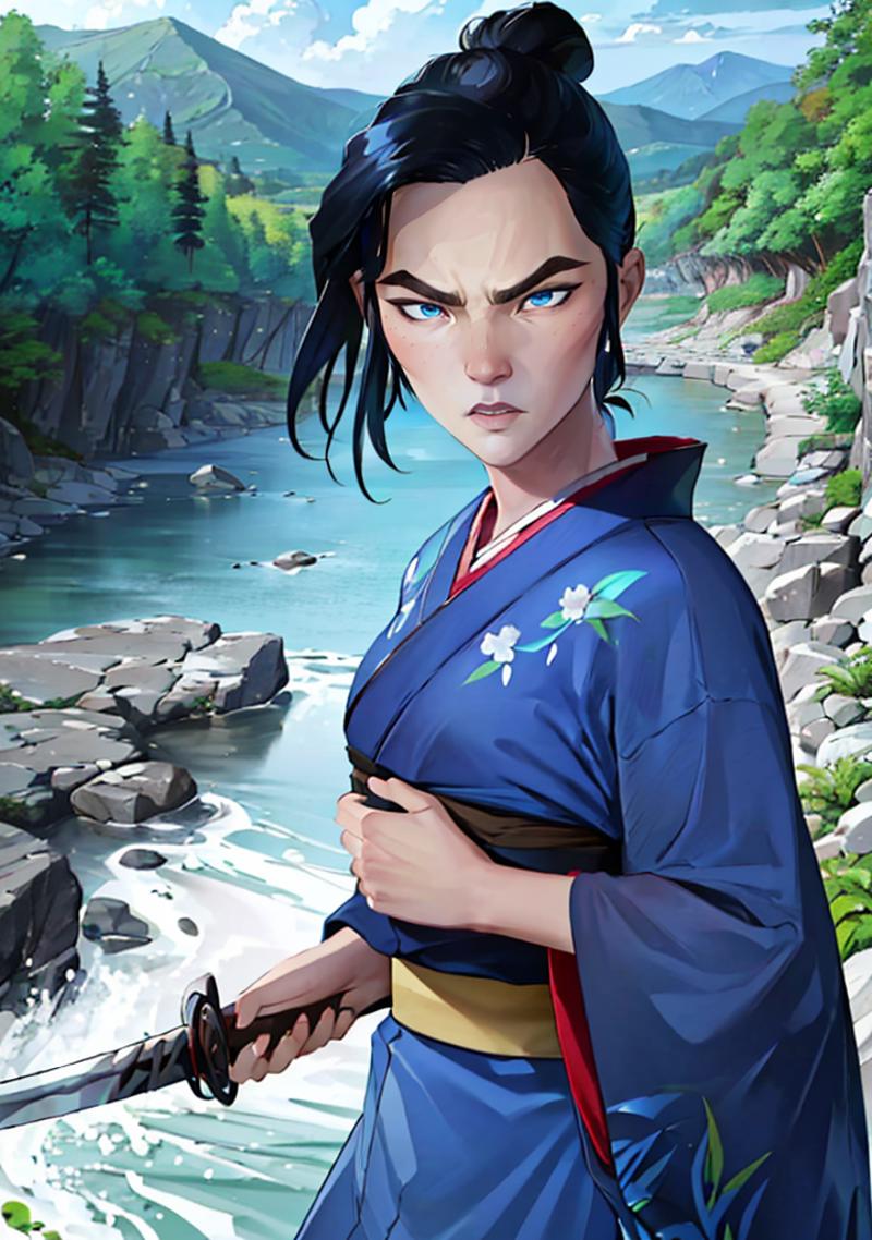 mizuOC holding a katana, fighting pose, angry, (1girl, blue eyes, black hair, japanese clothes, blue kimono:1.2) looking a...