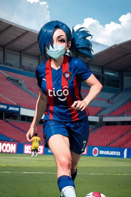 extremely detailed CG unity 8k wallpaper), (best quality), (ultra-detailed), (best illustration), 1girl, detailed soccer stadium, outdoors, beautiful sunlight, soccer uniform, shorts, socks, soccer, green field, smiling, <lyco:cerroporteno-10:0.8>, cerroporteno, <lora:Valentine:0.8>, valentineSG, hair over one eye, mask, medical eyepatch, surgical mask, blue hair, ponytail, ((large breasts))