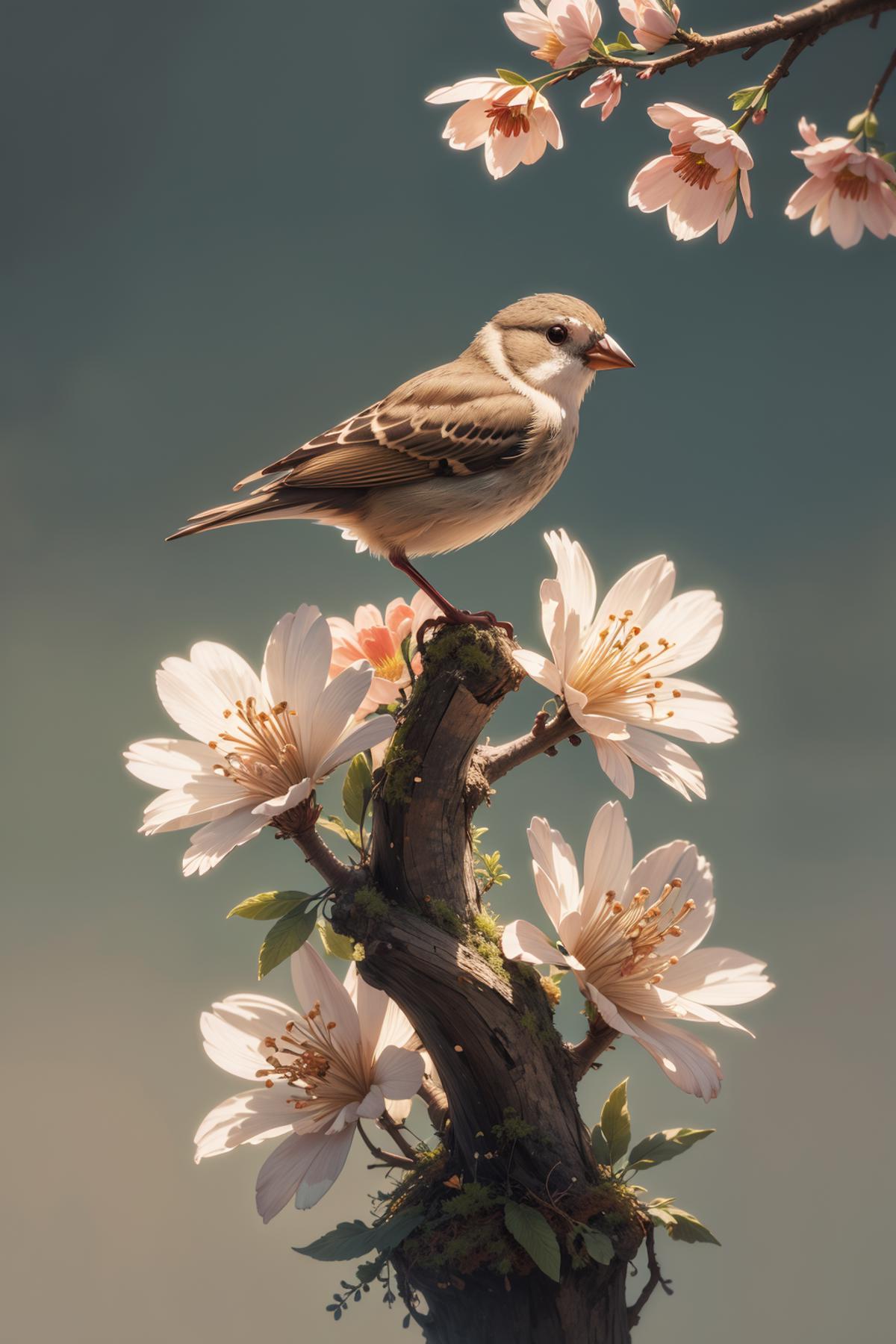 a tiny finch on a branch with spring flowers on background:1.0, aesthetically inspired by Evelyn De Morgan, art by Bill Si...