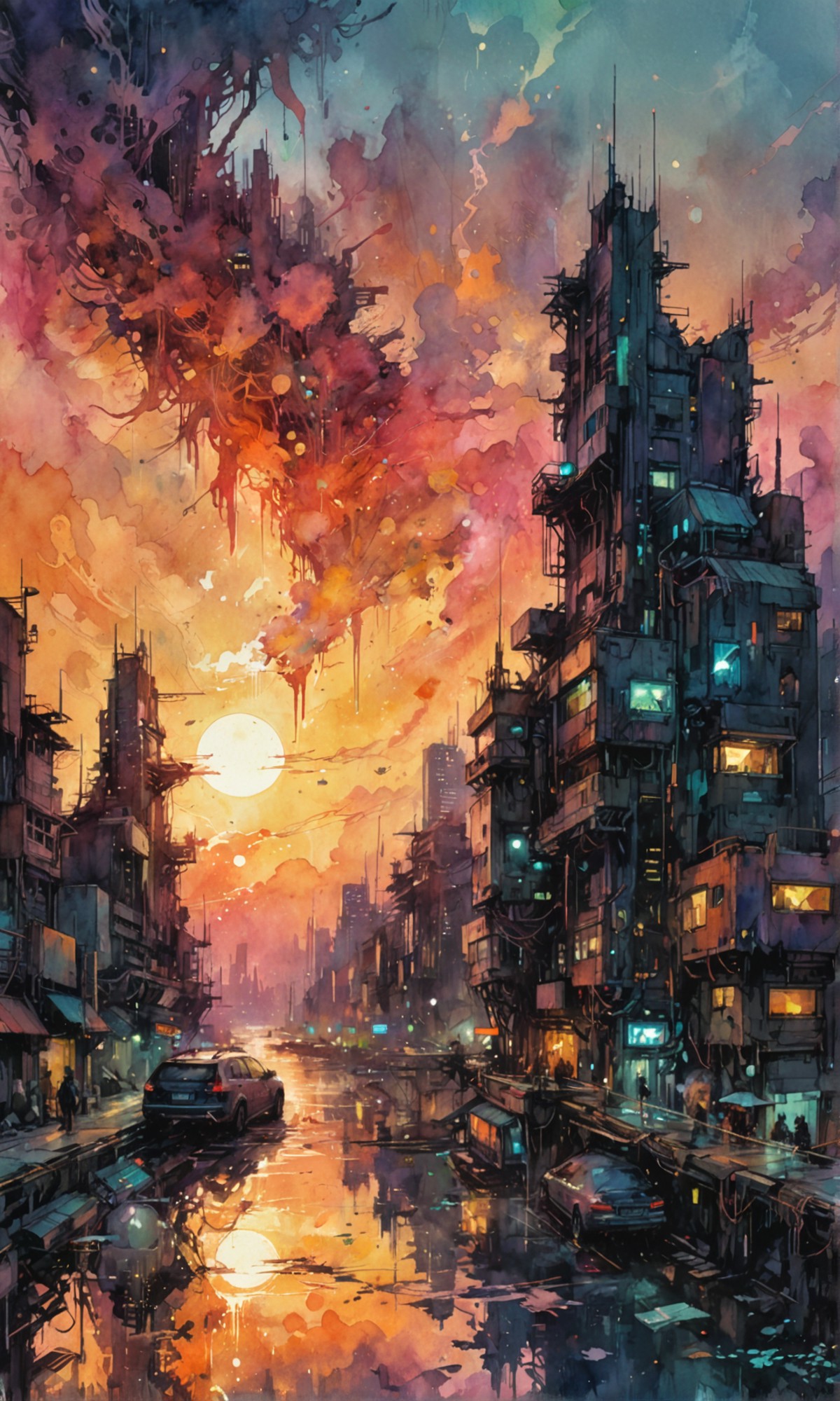 <(Digital watercolor Illustration of a cyberpunk sunset, by JB, Waterhouse, Carne Griffiths, Minjae Lee, Ana Paula Hoppe, ...