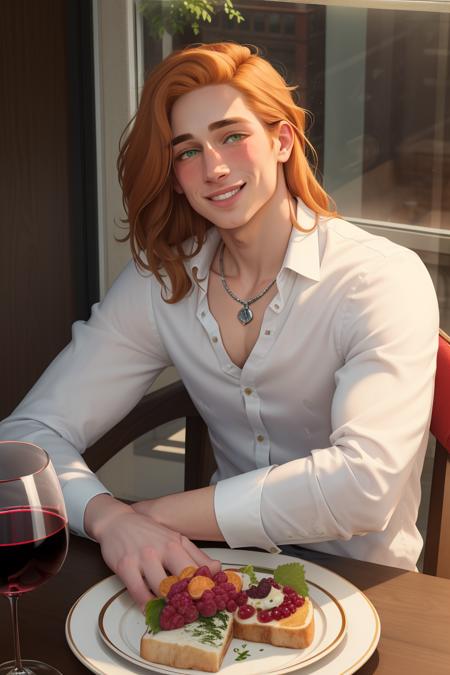 masterpiece, best quality, elliott sdv, solo, green eyes, long hair, necklace, wine, wine glass, 1boy, looking at viewer, blush, white shirt, smile, sitting, indoors, plate, table, brown hair, orange hair, sleeves rolled up, collared shirt, chair, window, upper body, parted lips