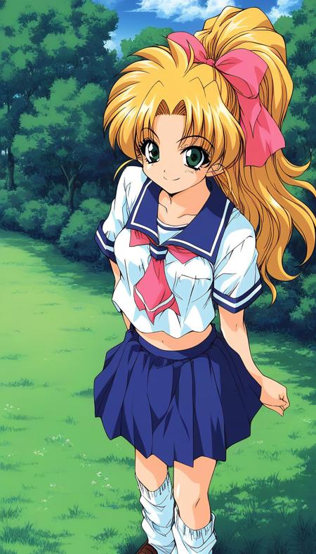 Fujimura_Yui, blonde hair, high ponytail, long hair, pink bow, hair ribbon, green eyes, breasts, 1990s (style), 