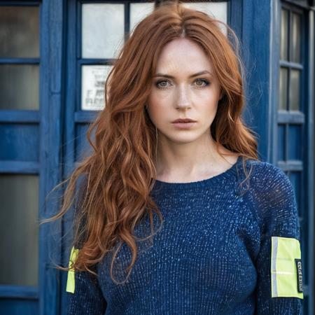 professional portrait photograph of a beautiful (ohwx woman) <lora:gillan_lora_sdxl_v1-000008:1.0> with (long curly red hair), highly detailed face and skin, (wearing a sweater:1.2), (standing in front of a dark blue police box), summer