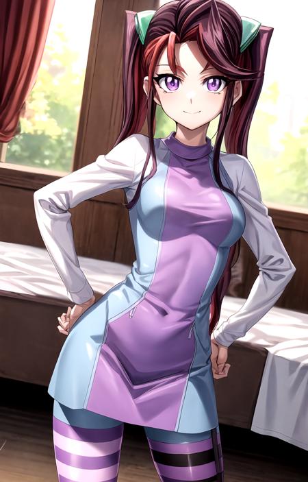 masterpiece, best quality, best aesthetic, anime, ultra detailed, yu-gi-oh! arc-v,
akaba_ray, 1girl, solo, long hair, twintails, purple eyes, long-sleeved shirt, hair ornament, dress, (pantyhose, striped legwear:1.2), thigh strap, cowboy shot, (smile, closed mouth:1.2), looking at viewer, hand on hip, bedroom, sunlight, window, <lora:rayakaba_yugioh_arcv-10:te=1:lbw=OUTALL:unet=1@0,0.7@0.5,0.8@0.8>, <lora:more_details:te=1@0,0.7@0.5,0.8@0.8:unet=0.5@0.5>  :1.0