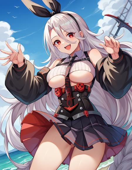 prinz heinrich, absurdly long hair, hair between eyes, hair ribbon, mole, mole under eye, red eyes, ribbon, white hair, black necktie, crop top, detached sleeves, high-waist skirt, necktie, pleated skirt, ribbed shirt, shirt, skirt, underboob,