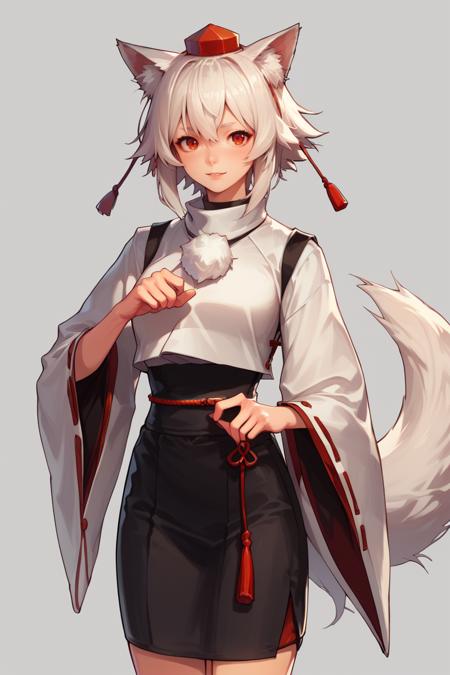  inubashiri momiji white hair, short hair, wolf ears, red eyes, tokin hat, detached sleeves, two-tone skirt