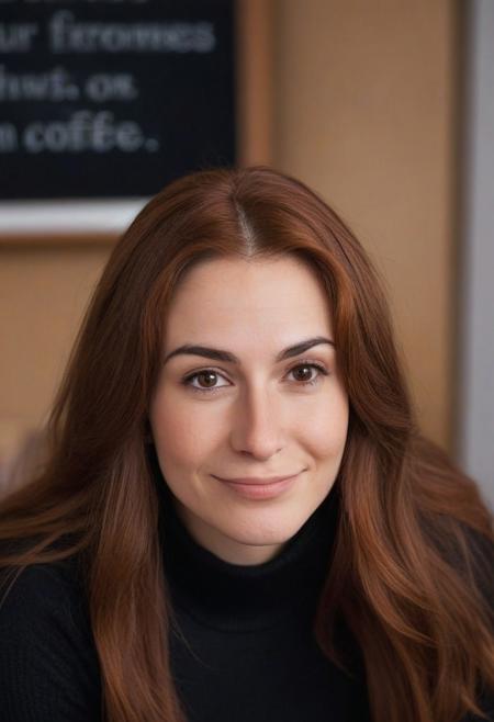 crooked nose, portrait, 28 year old woman, wide chin, big brown eyes, long auburn hair , wide nose, pores, natural skin, smirking, (leaning forward looking upwards), (strong eyebrows),  cleavage, open black pullover, (big cheekbones), cozy caffee